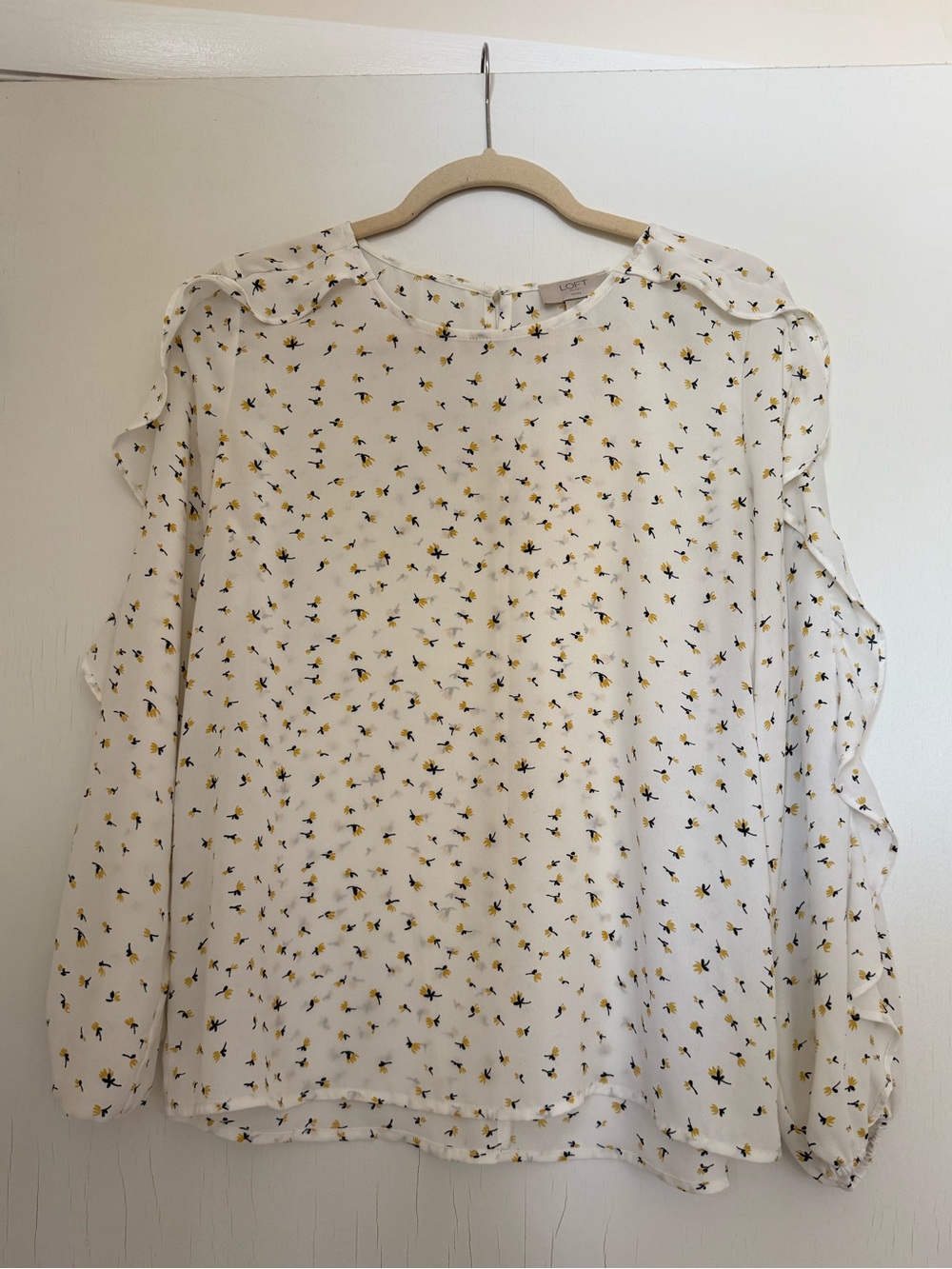 LOFT White Blouse with Yellow and Black Floral Print and Ruffle Sleeves